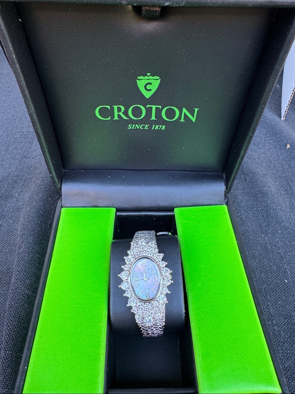 Croton Silver-Tone Crystal Bracelet Watch with Iridescent Mother-of-Pearl Dial